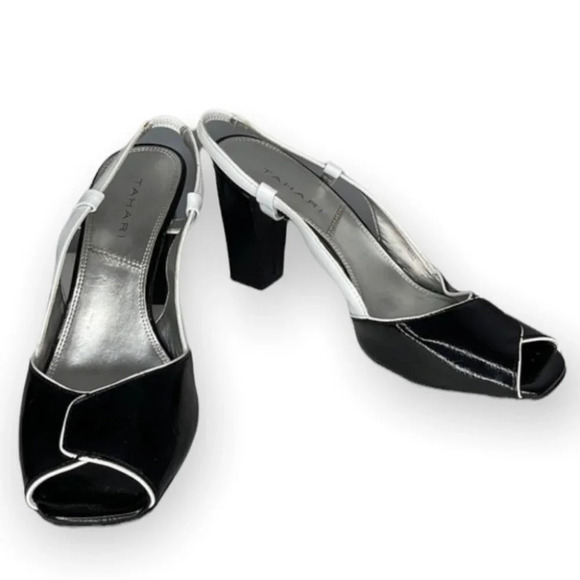 TAHARI Bevan Slingbacks Black White Block Heel Shoes Peep Toe Shiny Size 7.5 - Picture 1 of 8